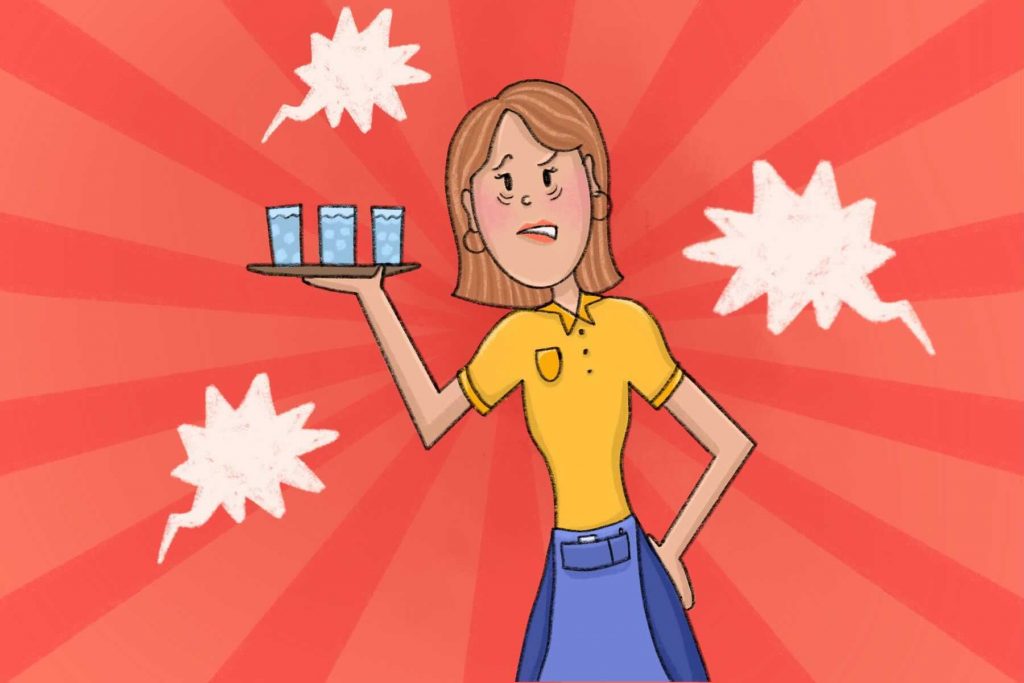 Illustration of a server being bombarded with annoying jokes or comments while on shift