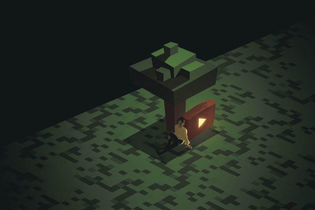 An illustration of a MCYT fan sitting in a Minecraft-like environment