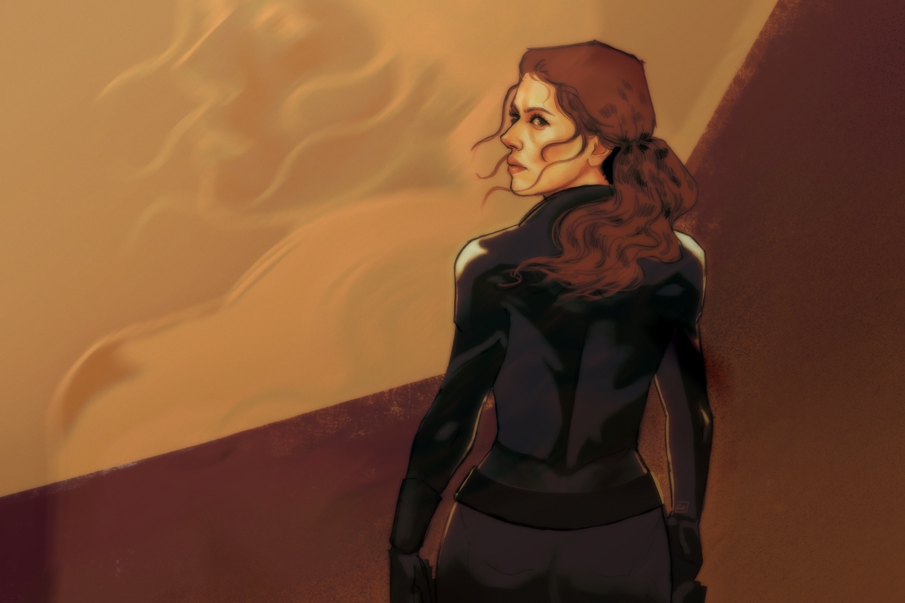 In an article about Black Widow, Natasha Romanoff faces away from the viewer against a brown and gold background.
