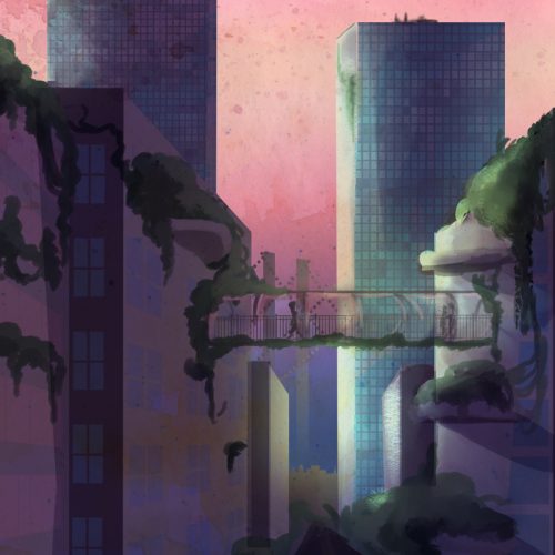 In an article about eco-friendly architecture, a city decorated with plants and moss sits against a pink sunset sky.