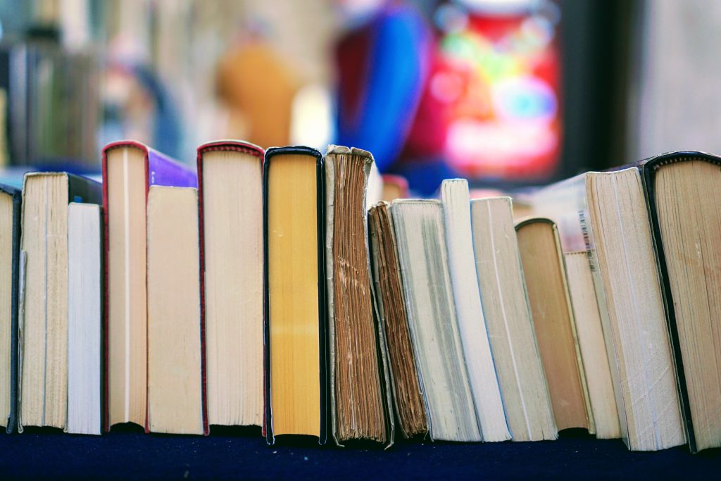 Photograph of the bottom of books lined up in a row
