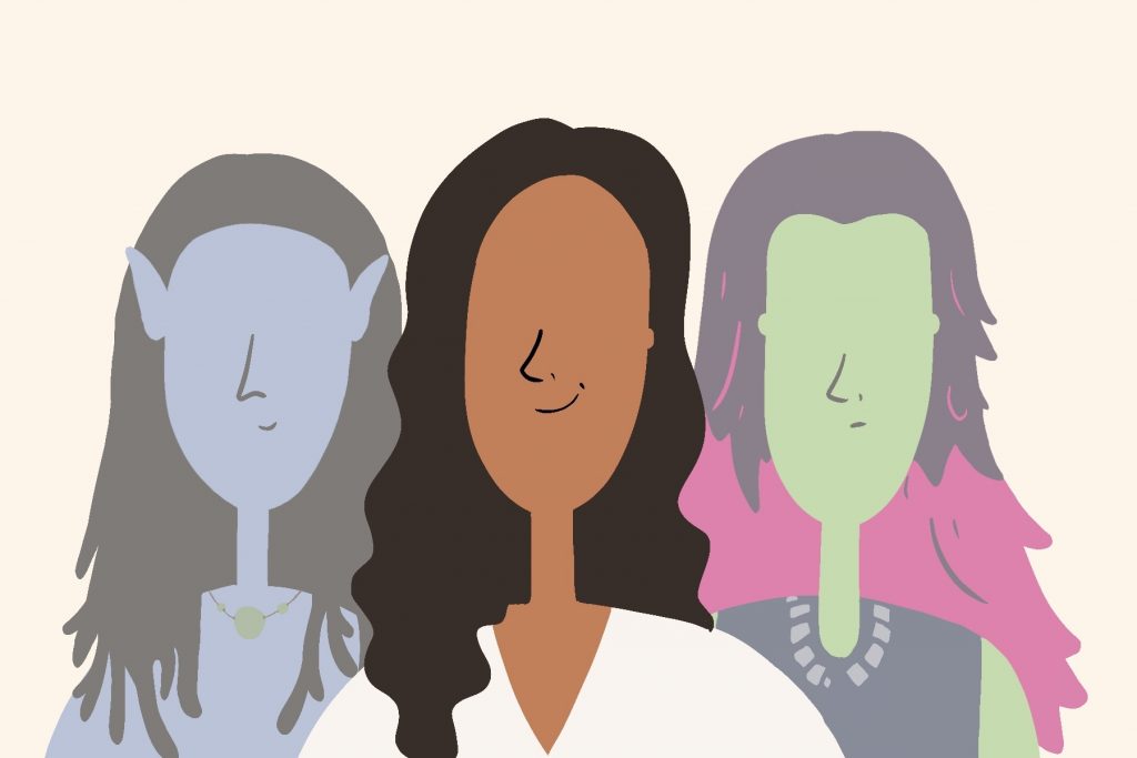 An illustration of Saldana with her characters from 'Avatar' and 'Avengers' on either side.