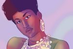 In an article about the movie "Respect," Aretha Franklin looks into the camera, cast in multicolor light and draped in white jewelry.