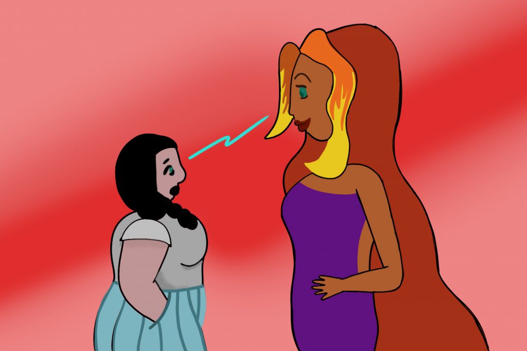 In an article about I Am Not Starfire, Mandy and Starfire face each other, locking eyes against a red and pink background.