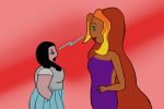 In an article about I Am Not Starfire, Mandy and Starfire face each other, locking eyes against a red and pink background.