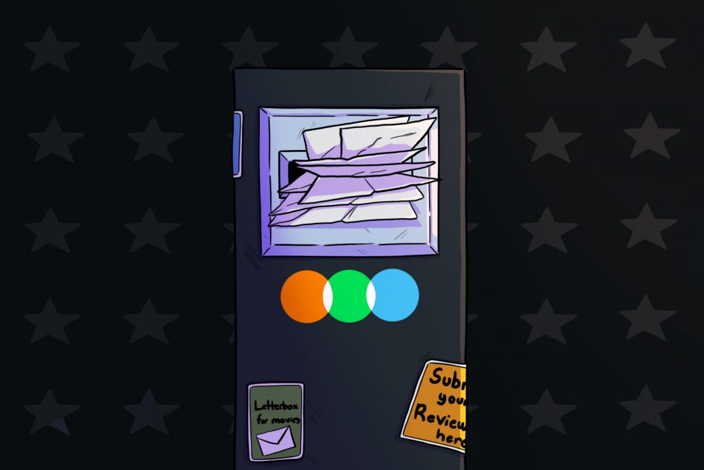 In an article about letterboxd, a mailbox sits filled to the brim against a black spotted background.