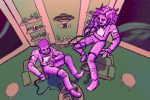 In an article about Tiny Meat Gang and Moment House, a pink Cody Ko and Noel Miller float in a small, mostly green room.