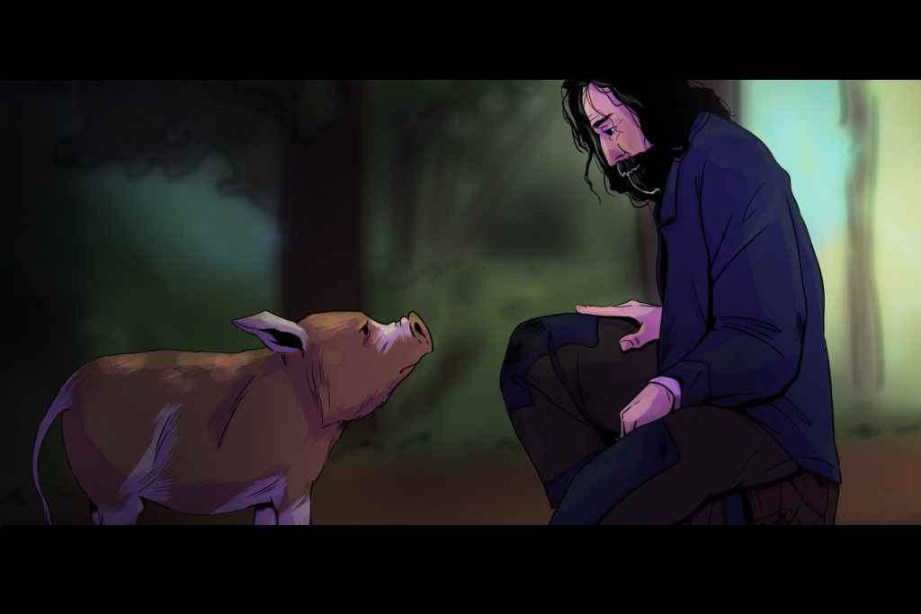 In an article about the movie Pig, a man kneels in front of a pig in the woods.