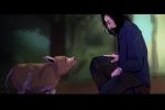 In an article about the movie Pig, a man kneels in front of a pig in the woods.