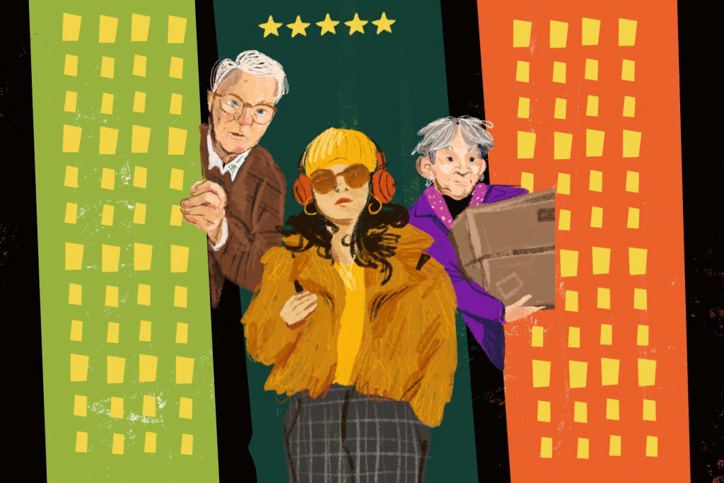 Illustration of characters from Only Murders in the Building