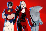 In an article about The Suicide Squad, Peacemaker, Harley Quinn and King Shark stand against a bright red background.