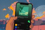 To demonstrate the art of niche Spotify playlists, an illustration depicts a hand holding a cellphone displaying a playlist titled "pov: falling in love with your comfort character."