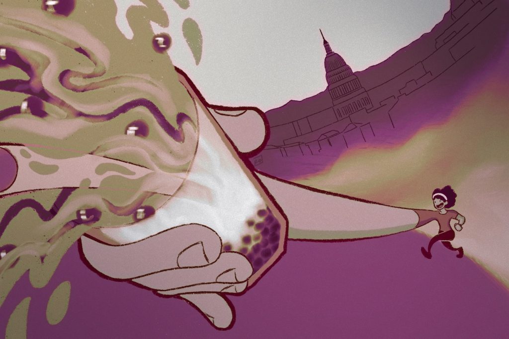 An illustration of boba in the hands of a person, with Washington D.C. in the background.