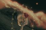 In an article about Annette, a wooden puppet baby sits in a human palm against an ethereal, nebula-like background.