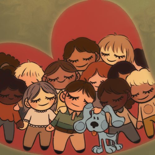 in article about Blue's Clues, children hugging the dog Blue from the series