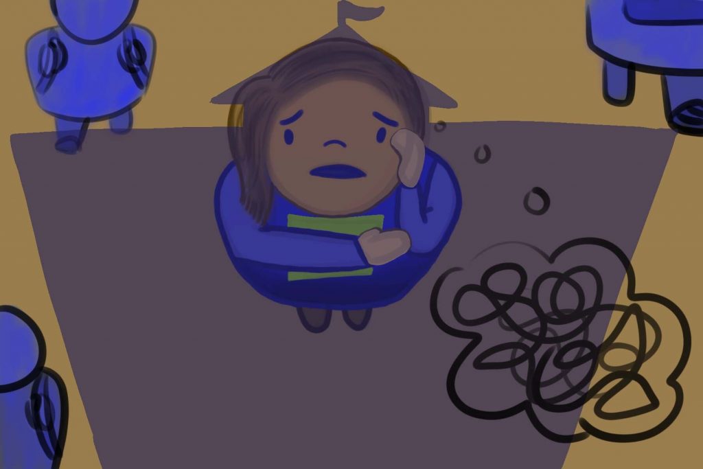 In an article about neurodivergent students, an illustration of a person stressed and sitting on the floor holding a book.