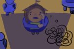 In an article about neurodivergent students, an illustration of a person stressed and sitting on the floor holding a book.