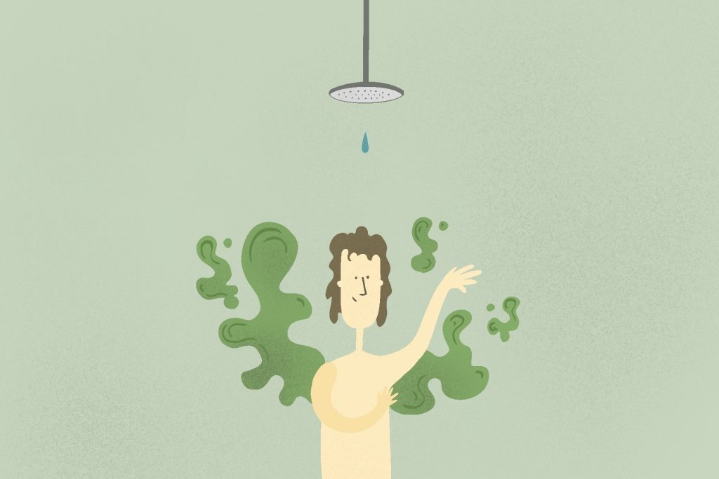 An illustration of a man bathing, emitting green fumes to represent stench, to accompany an article about Hollywood celebrities' anti-bathing stances.