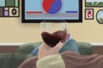 In an article about the political demographic of wine moms, an illustration of someone holding wine in front of a TV screen.