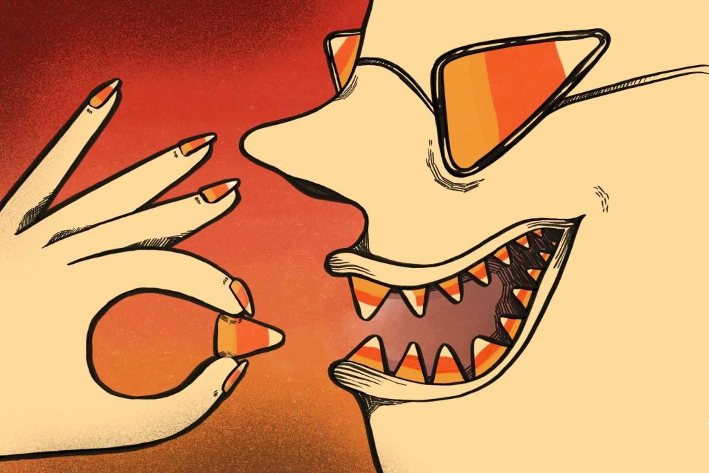 Illustration of a person eating candy corn