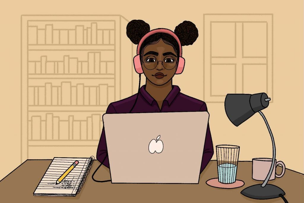 A student in an online class for an article about international students overcoming pandemic challenges.