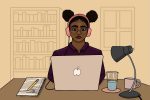 A student in an online class for an article about international students overcoming pandemic challenges.
