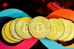 in an article about gambling with cryptocurrencies, eight gold coins with the bitcoin logo on it