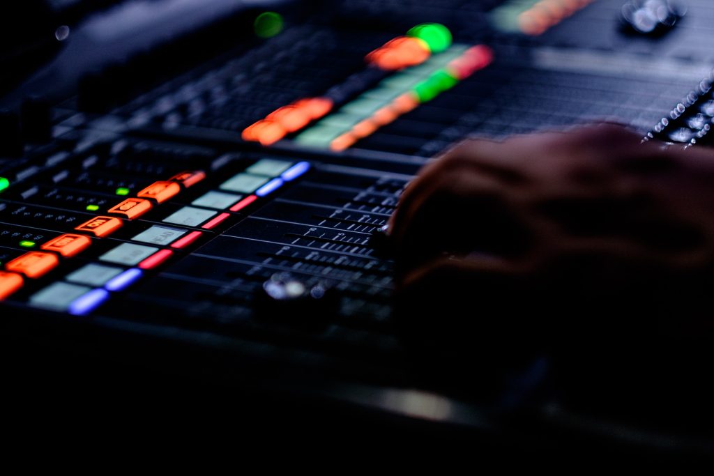 A photo of a sound board.