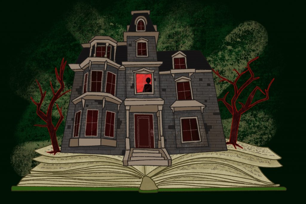In an article about Ted Dekker an illustration of a haunted house popping out of a book