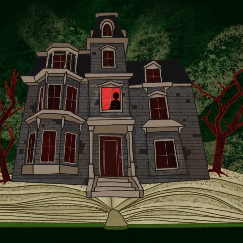In an article about Ted Dekker an illustration of a haunted house popping out of a book