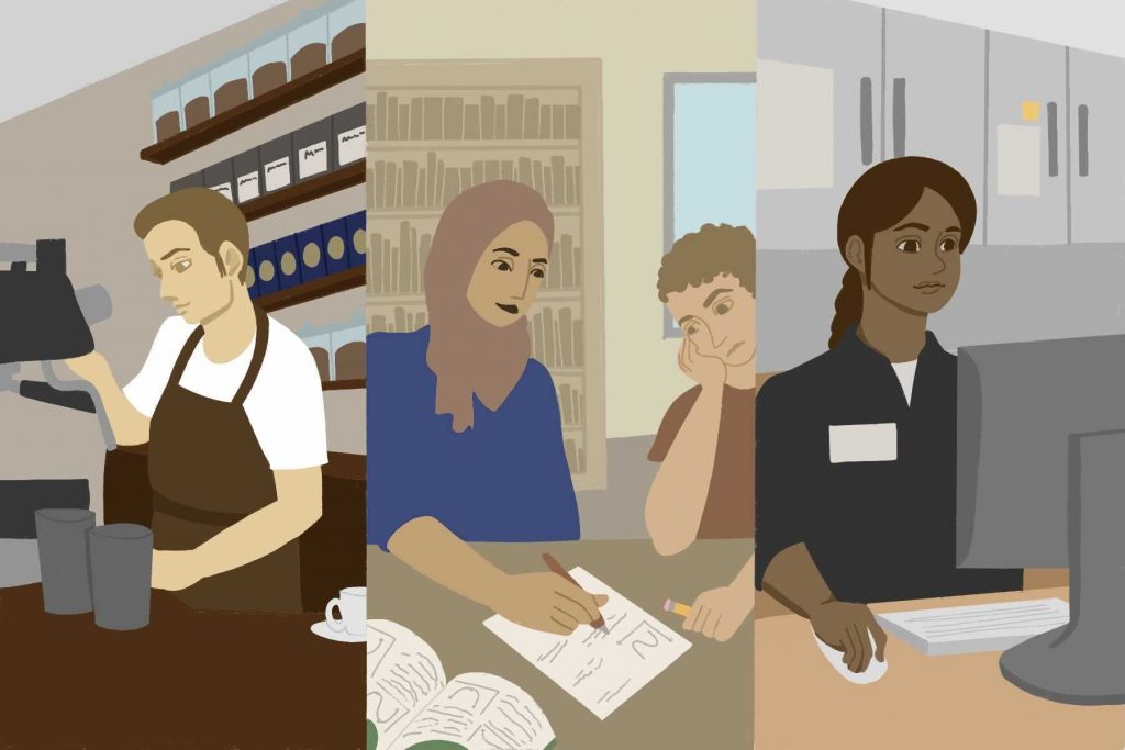 People working for an article about student employment.