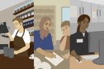 People working for an article about student employment.