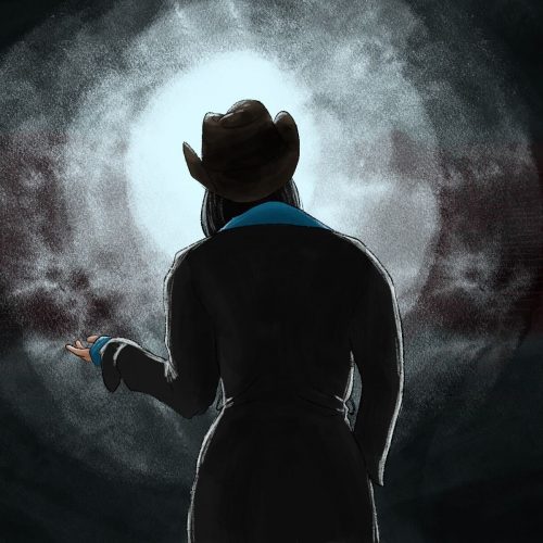 in article about song Working for the Knife, Illustration of musician Mitski in a cowboy hat looking into a beam of light.