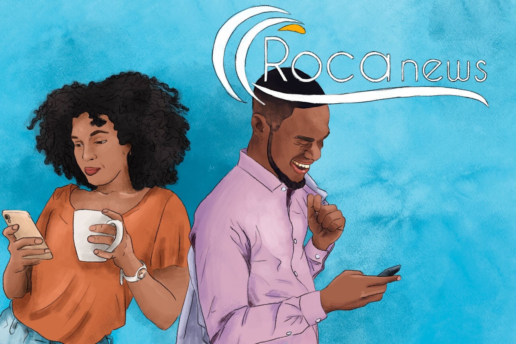 Illustration of the RocaNews logo with two people checking their phones for the news