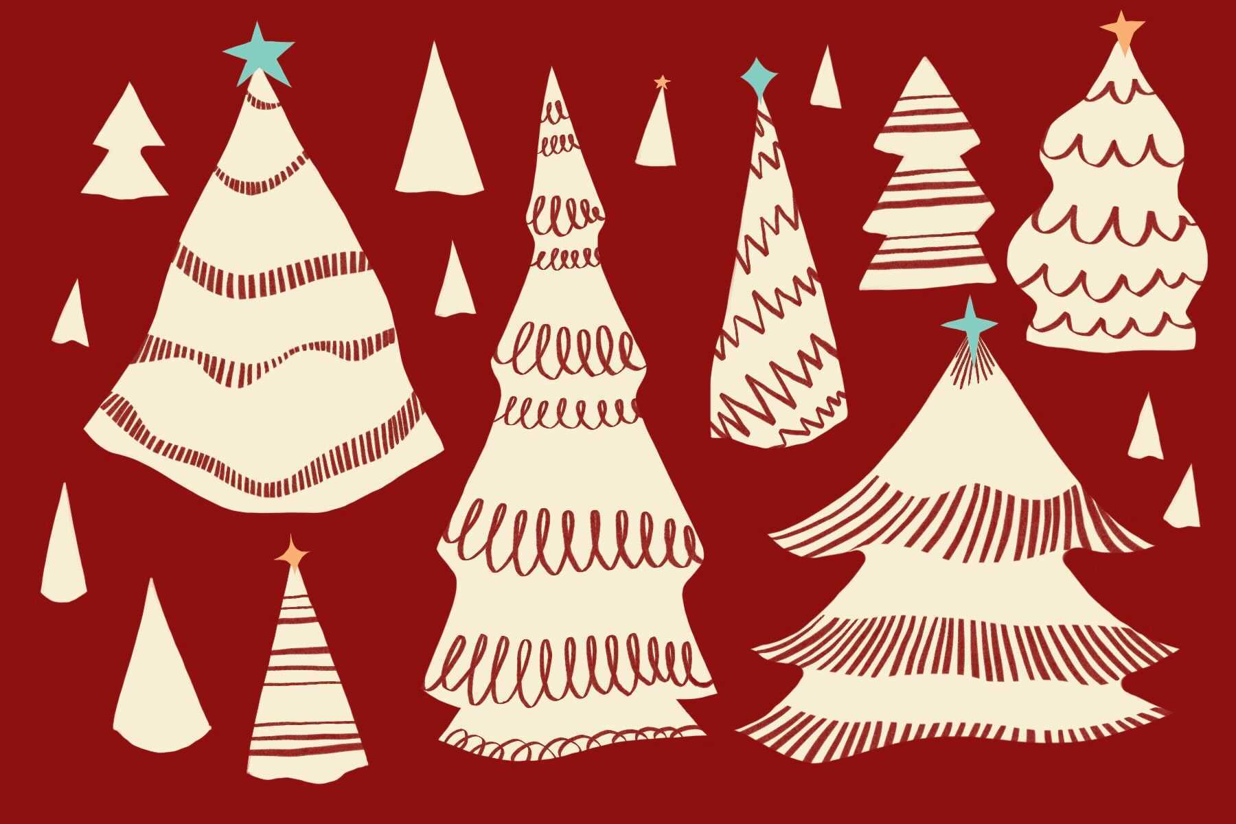 Illustrations of various different Christmas trees