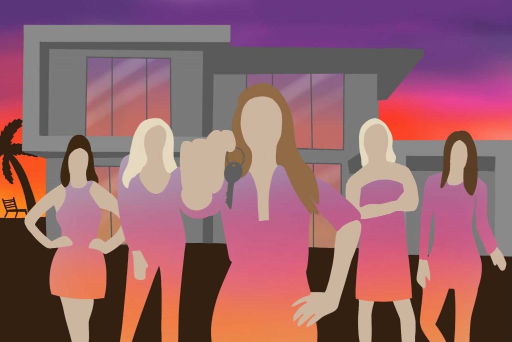 The Selling Sunset women stand in front of a house