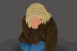 An illustration of a college student bent over with a hand to their forehead in a display of burnout.