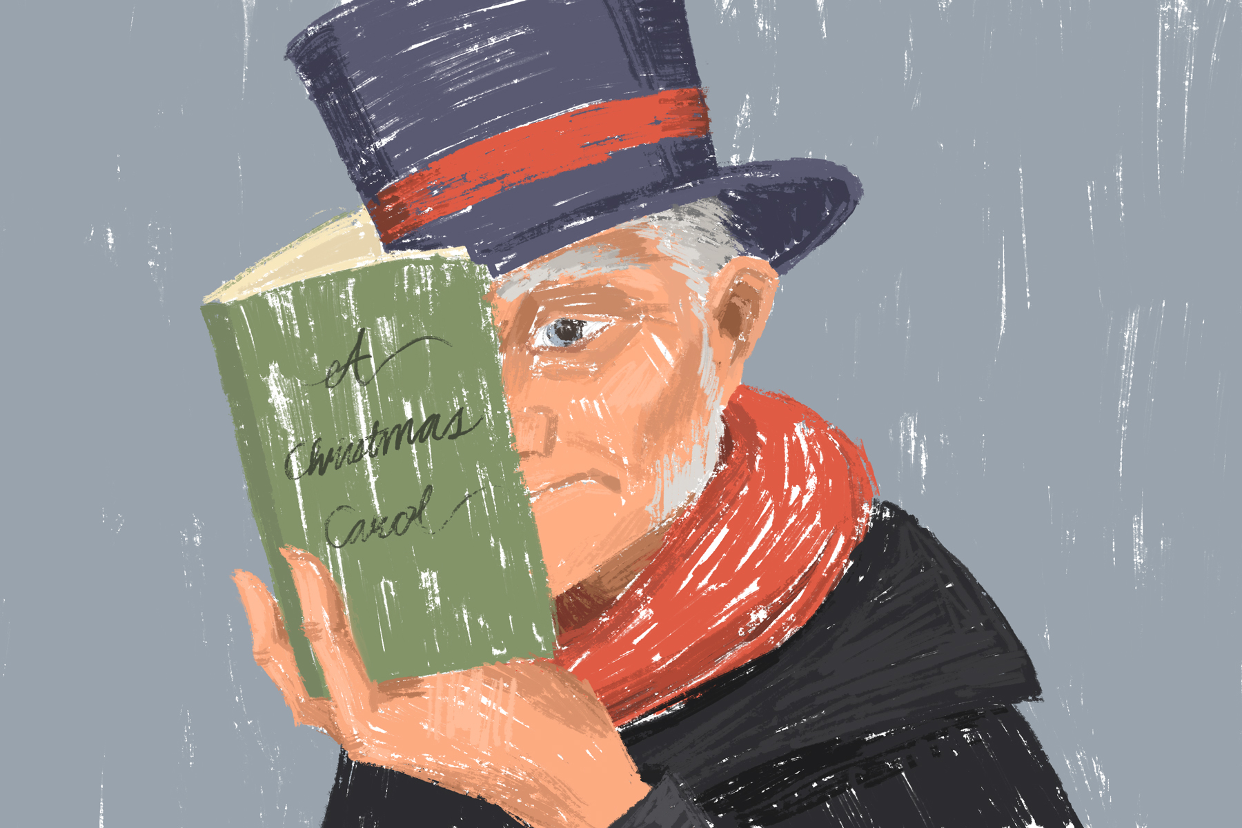 An illustration of Ebenezer Scrooge reading "A Christmas Carol" for an article about the impact of the iconic main character.