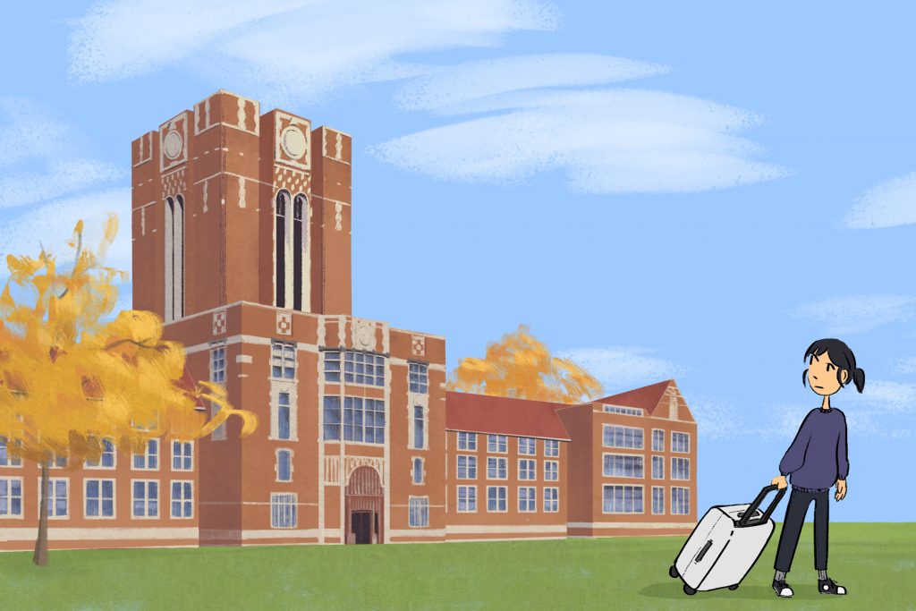 Illustration of a person wheeling a suitcase away from a college campus for an article about transferring schools.