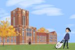 Illustration of a person wheeling a suitcase away from a college campus for an article about transferring schools.