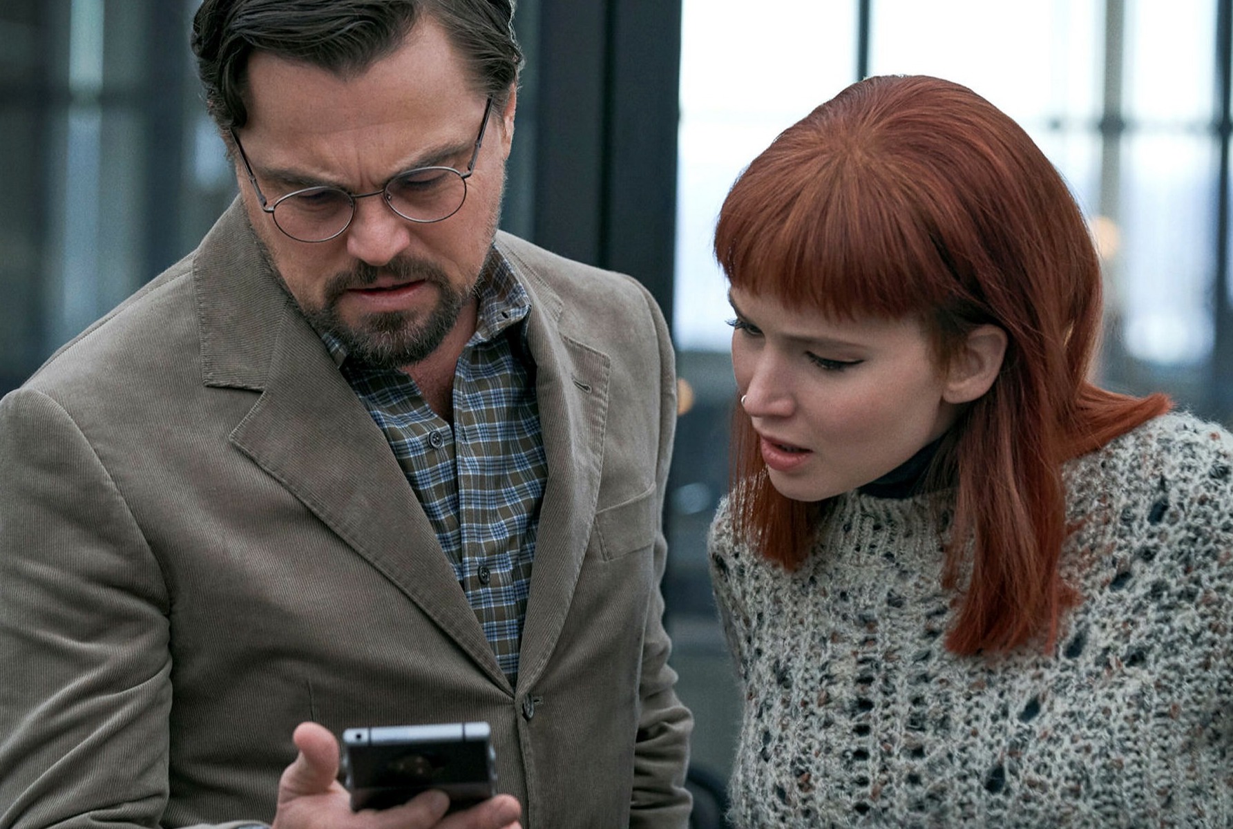 A still of DiCaprio and Lawrence from Netflix's Don't Look Up.
