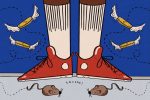 In an article about living conditions at HBCUs, an illustration of a set of legs with rats on the ground