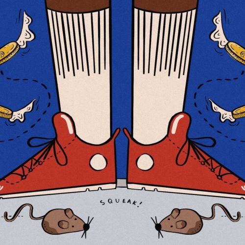 In an article about living conditions at HBCUs, an illustration of a set of legs with rats on the ground