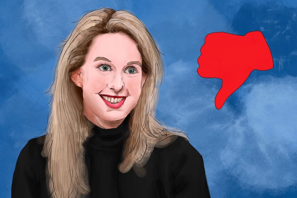 An illustration of Elizabeth Holmes with a icon of a hand giving the thumbs down next to her