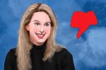 An illustration of Elizabeth Holmes with a icon of a hand giving the thumbs down next to her