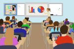 Students use technology in a classroom