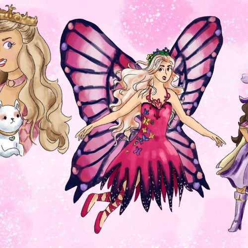 Illustration of Barbie from three different movies in the Barbie Cinematic Universe.