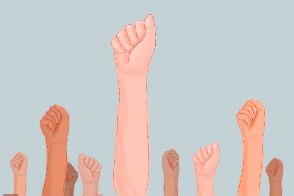 Illustration of hands raised in solidarity in an article about Activision Blizzard