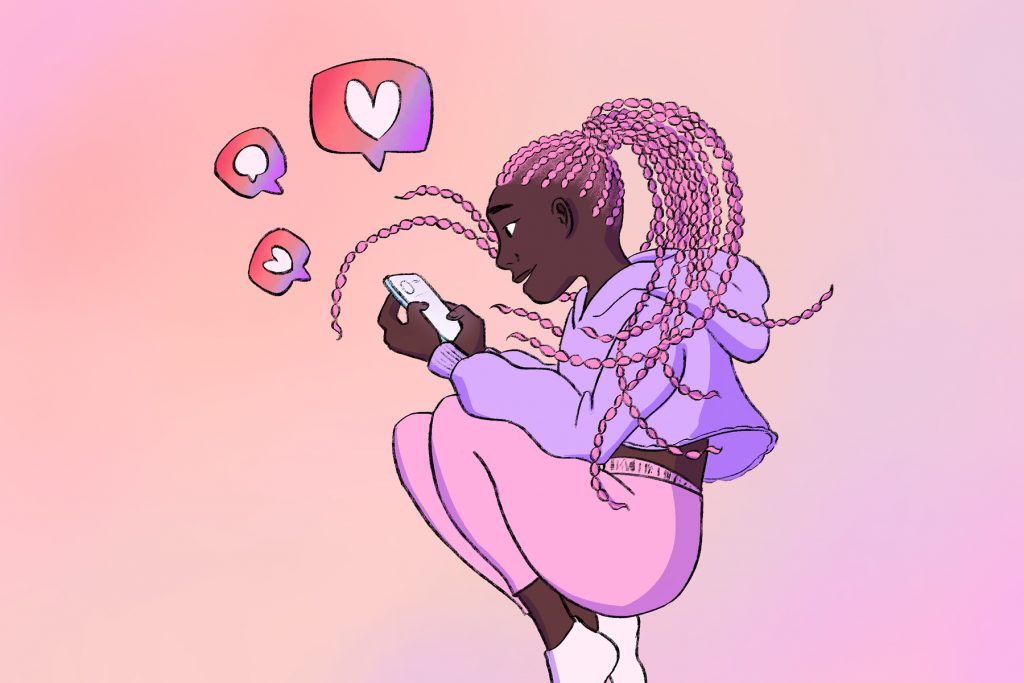 in article about lgbtq+ safe space accounts, an illustration of someone looking at their phone