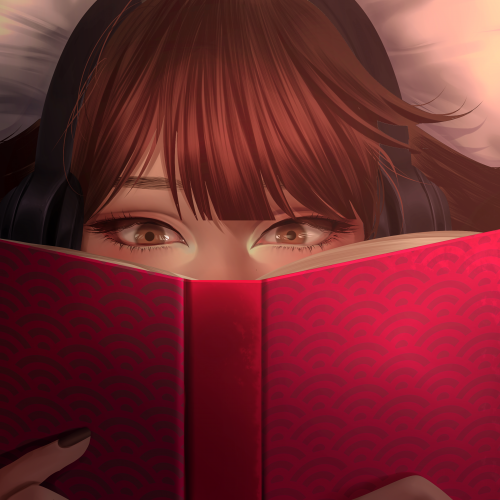 Sad girl laying back on bed while reading as she pears over book so that only her eyes show.